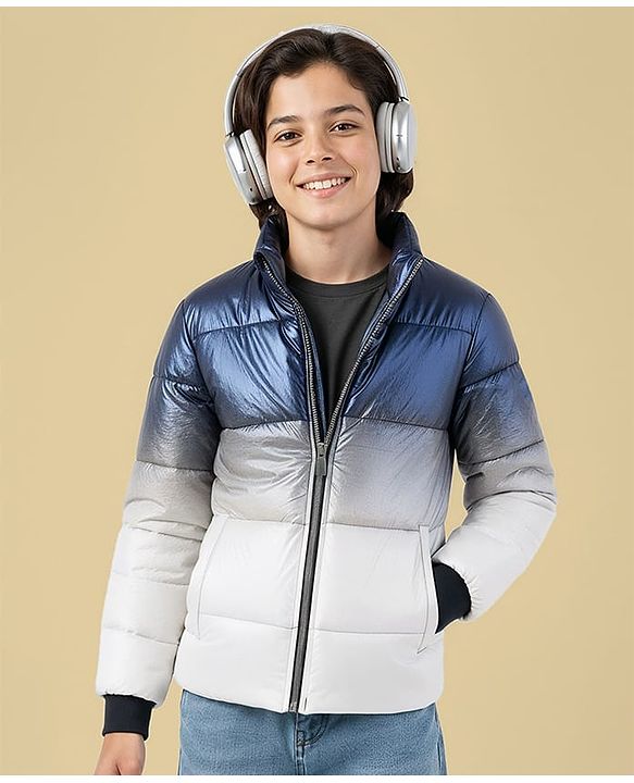 Pine Kids Woven Full Sleeves Front Open Padded Jacket with Ombre Colors - Blue