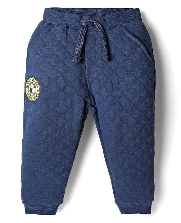 Babyhug French Terry Knit Full Length Quilted Lounge Pant with Football Embroidery - Blue