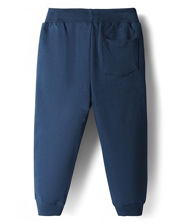 Babyhug Terry Cotton Knit Full Length Cut & Sew Lounge Pant With Text Print - Navy Blue