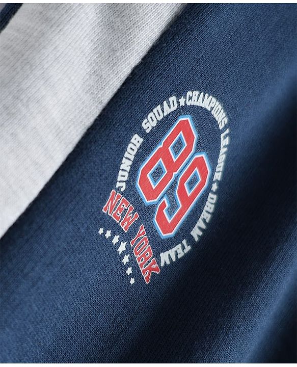 Babyhug Terry Cotton Knit Full Length Cut & Sew Lounge Pant With Text Print - Navy Blue