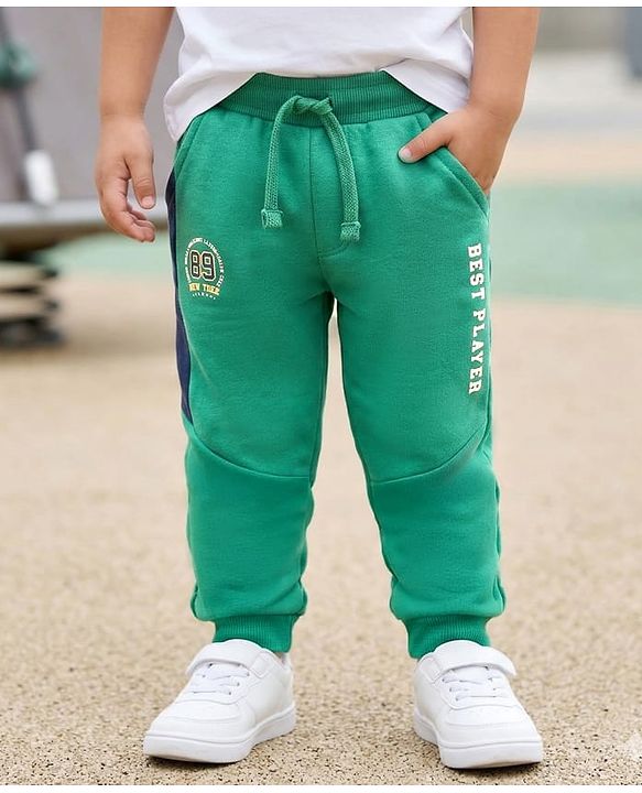 Babyhug Terry Cotton Knit Full Length Cut & Sew Lounge Pant With Text Print - Green