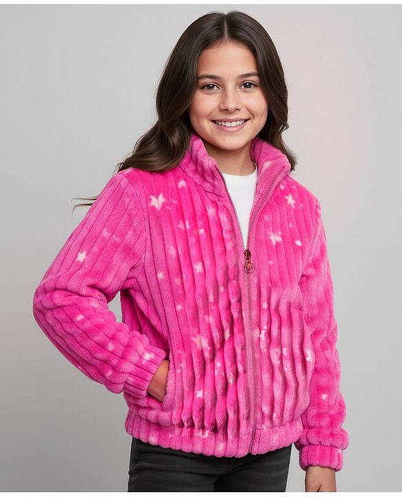 Pine Kids Woven Full Sleeves Winter Jacket With Star Print - Dark Pink