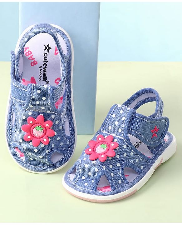 Cute Walk by Babyhug Velcro Closure Sandals with Polka Dot Print & Floral Applique - Blue