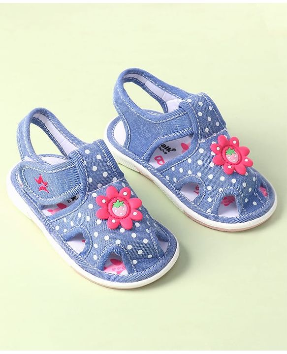 Cute Walk by Babyhug Velcro Closure Sandals with Polka Dot Print & Floral Applique - Blue
