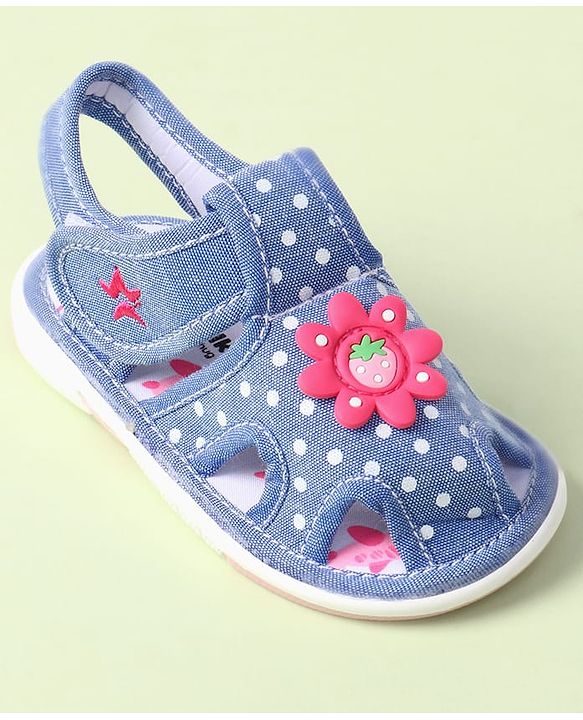 Cute Walk by Babyhug Velcro Closure Sandals with Polka Dot Print & Floral Applique - Blue