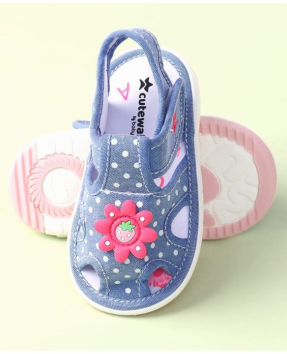 Cute Walk by Babyhug Velcro Closure Sandals with Polka Dot Print & Floral Applique - Blue