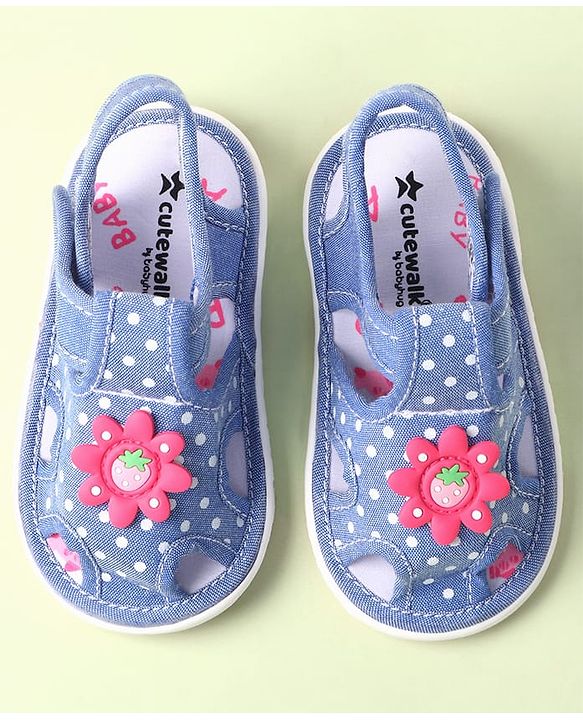 Cute Walk by Babyhug Velcro Closure Sandals with Polka Dot Print & Floral Applique - Blue