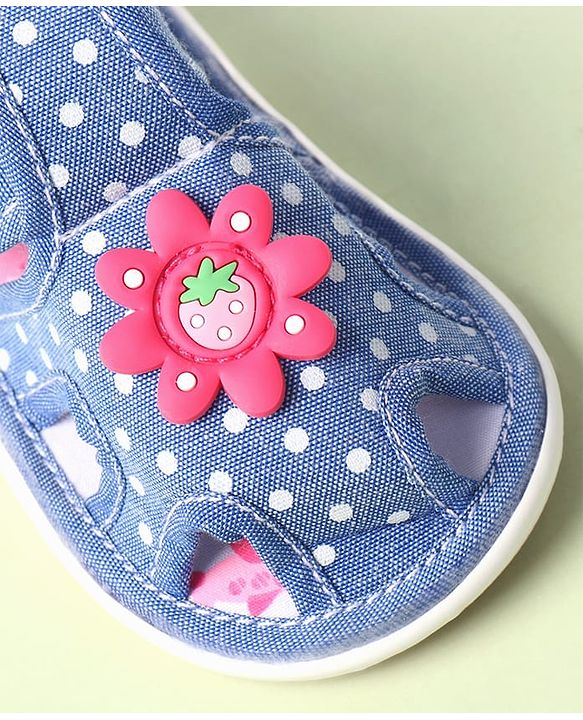 Cute Walk by Babyhug Velcro Closure Sandals with Polka Dot Print & Floral Applique - Blue