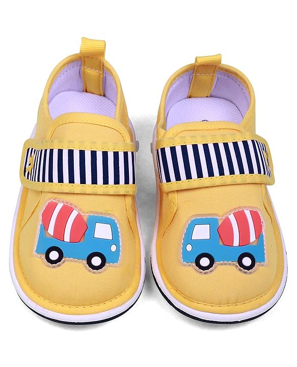Cute Walk by Babyhug Velcro Closure Casual Shoes With Vehicle Applique & Stripes - Yellow
