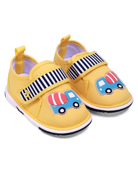 Cute Walk by Babyhug Velcro Closure Casual Shoes With Vehicle Applique & Stripes - Yellow