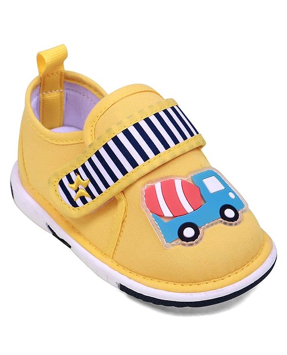 Cute Walk by Babyhug Velcro Closure Casual Shoes With Vehicle Applique & Stripes - Yellow