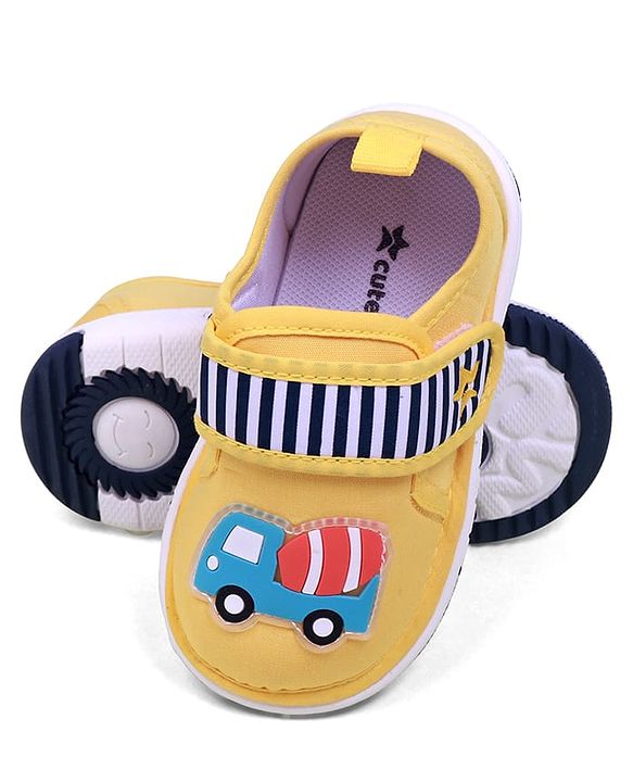 Cute Walk by Babyhug Velcro Closure Casual Shoes With Vehicle Applique & Stripes - Yellow