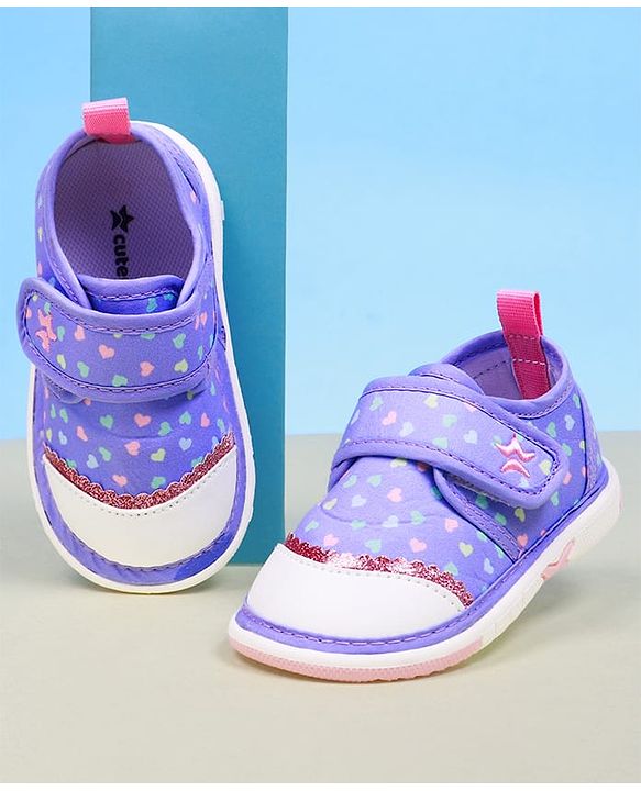 Cute Walk by Babyhug Velcro Closure Hearts Printed Casual Shoes With Lace Detailing - Purple