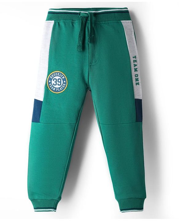 Babyhug French Terry Knit Full Length Lounge Pant With Text Patch - Green