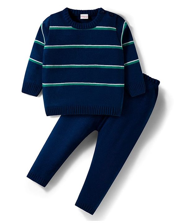 Babyhug Knit Full Sleeves Sweater Set With Stripes - Navy Blue
