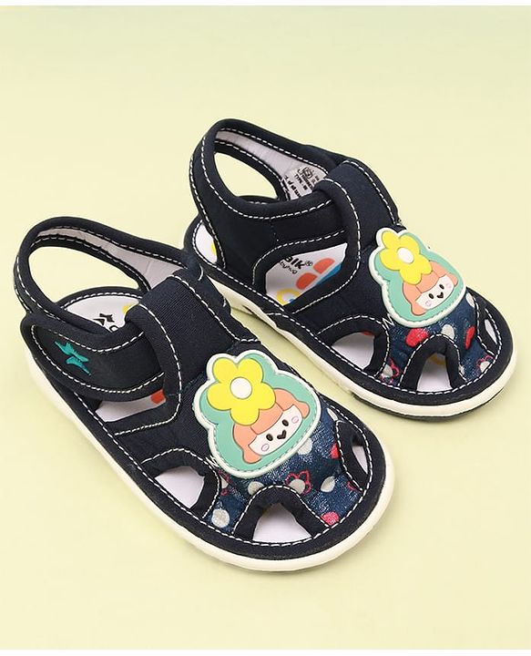 Cute Walk by Babyhug Velcro Closure Sandal with Floral Applique - Navy Blue