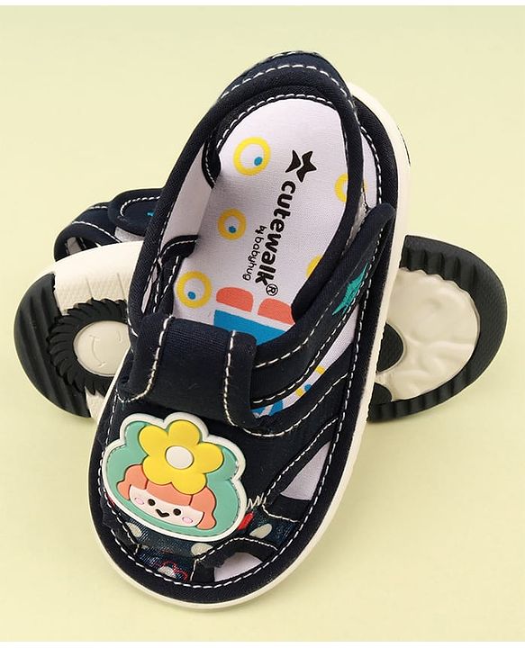 Cute Walk by Babyhug Velcro Closure Sandal with Floral Applique - Navy Blue