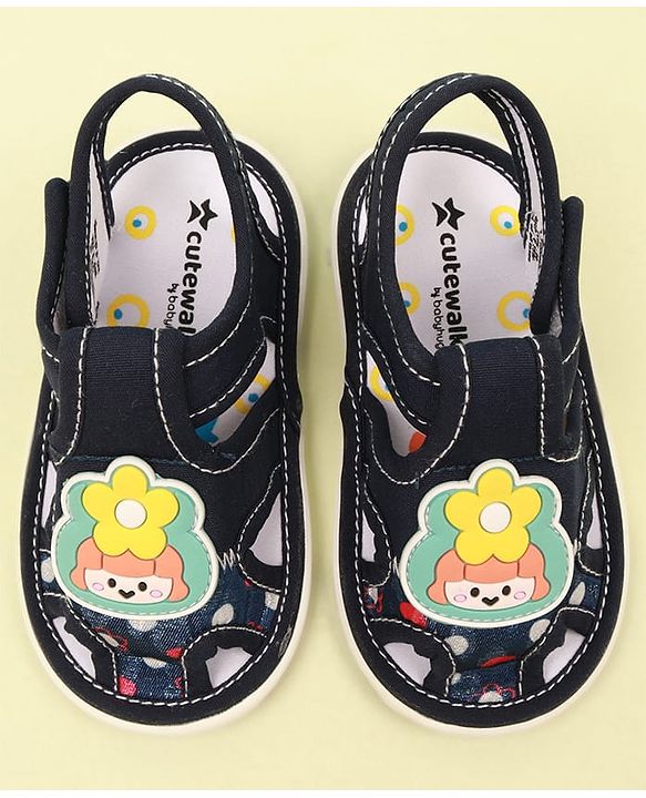 Cute Walk by Babyhug Velcro Closure Sandal with Floral Applique - Navy Blue