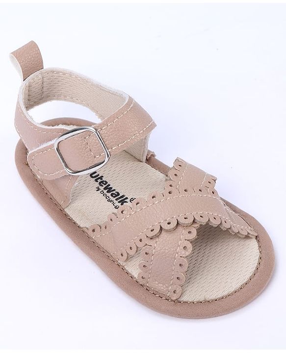 Cute Walk by Babyhug Designed Solid Booties with Velcro Closure - Beige