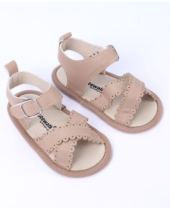 Cute Walk by Babyhug Designed Solid Booties with Velcro Closure - Beige
