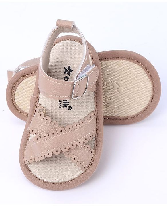 Cute Walk by Babyhug Designed Solid Booties with Velcro Closure - Beige