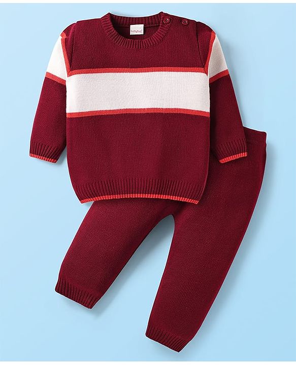 Babyhug Knit Full Sleeves Striped Pullover Sweater Set - Maroon White & Orange