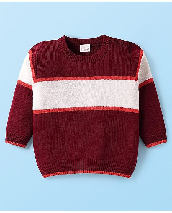 Babyhug Knit Full Sleeves Striped Pullover Sweater Set - Maroon White & Orange