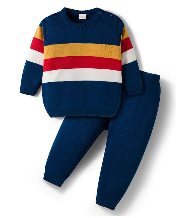 Babyhug Knit Full Sleeves Sweater Sets With Stripe Design - Navy Blue & White