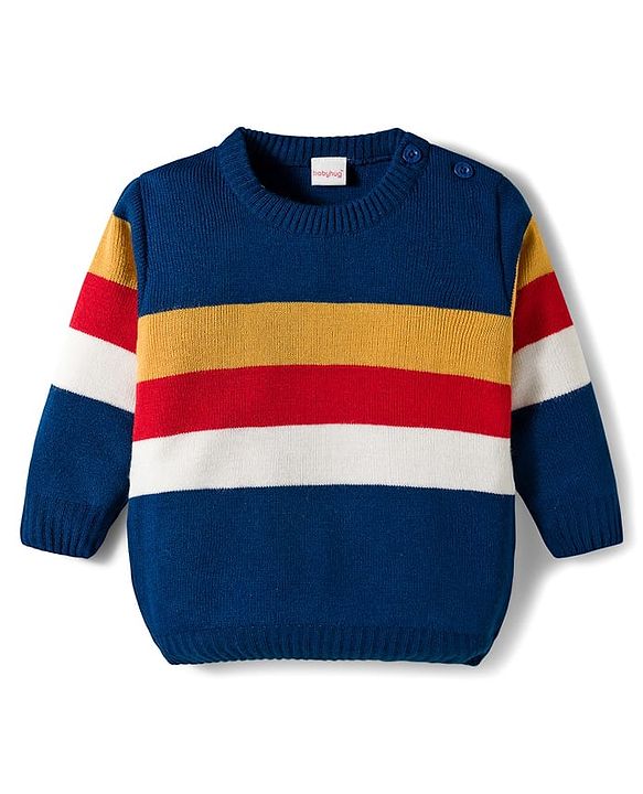 Babyhug Knit Full Sleeves Sweater Sets With Stripe Design - Navy Blue & White