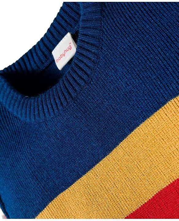 Babyhug Knit Full Sleeves Sweater Sets With Stripe Design - Navy Blue & White