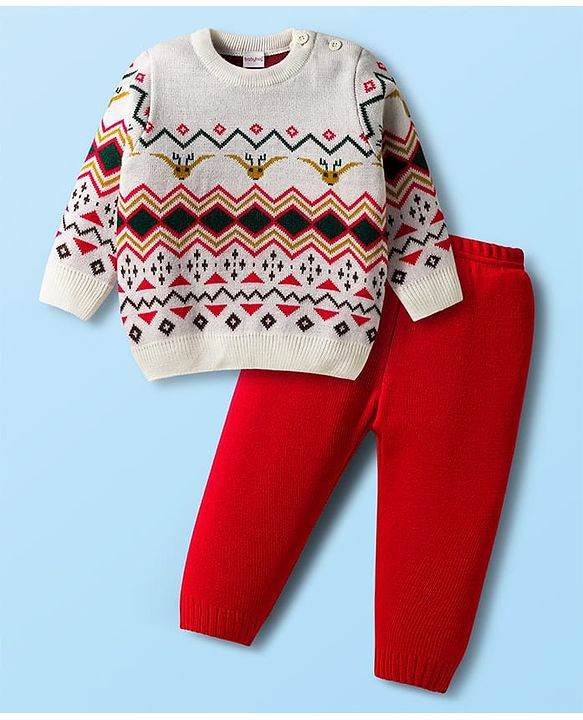 Babyhug Knit Full Sleeves Sweater Set with Fair Isle Design - White & Red