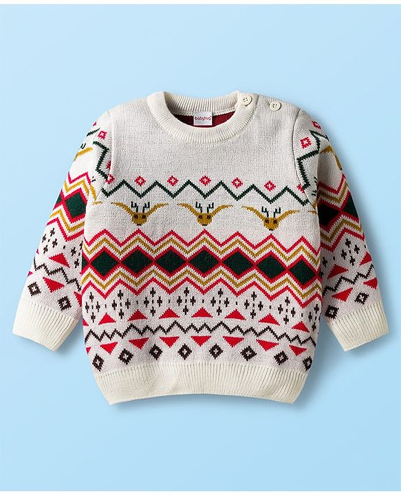 Babyhug Knit Full Sleeves Sweater Set with Fair Isle Design - White & Red