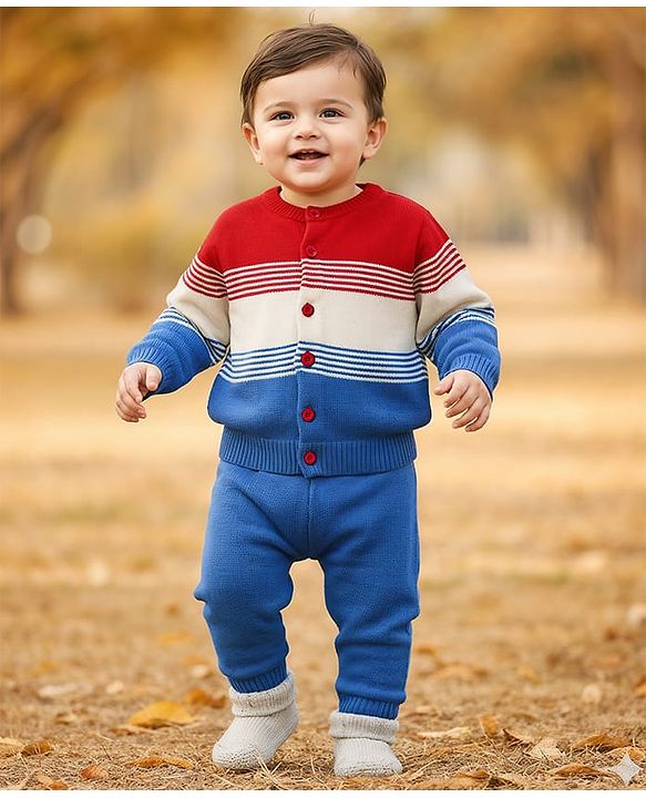 Babyhug Knit Full Sleeves Front Open Sweater Set with Stripes & Color Block Design - Red White & Royal Blue