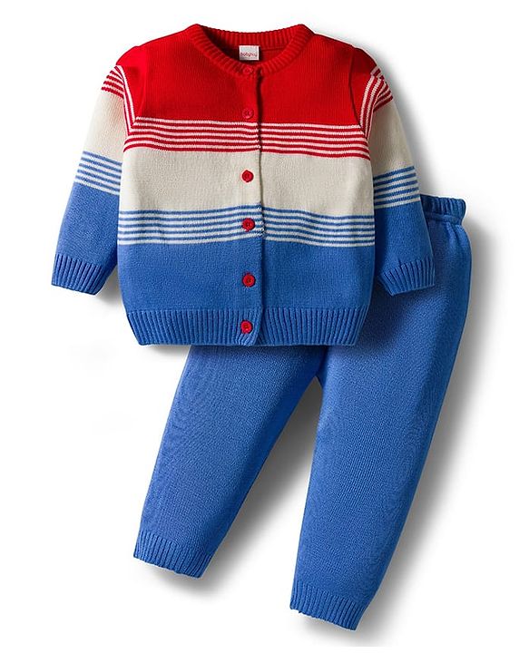 Babyhug Knit Full Sleeves Front Open Sweater Set with Stripes & Color Block Design - Red White & Royal Blue