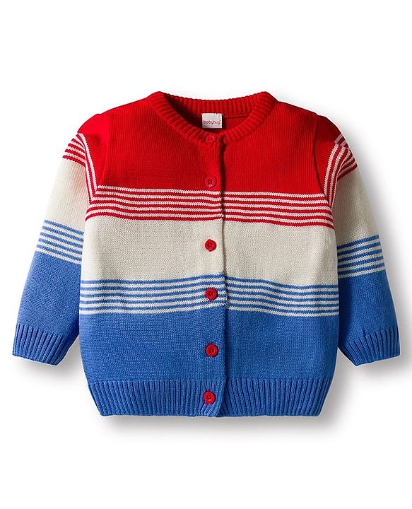Babyhug Knit Full Sleeves Front Open Sweater Set with Stripes & Color Block Design - Red White & Royal Blue