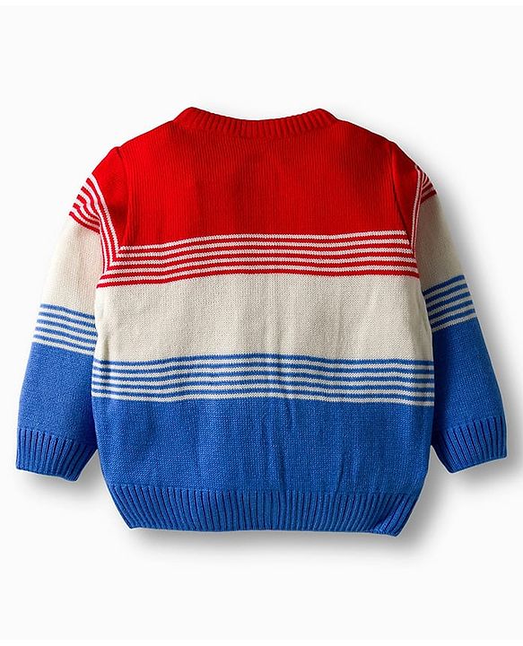 Babyhug Knit Full Sleeves Front Open Sweater Set with Stripes & Color Block Design - Red White & Royal Blue