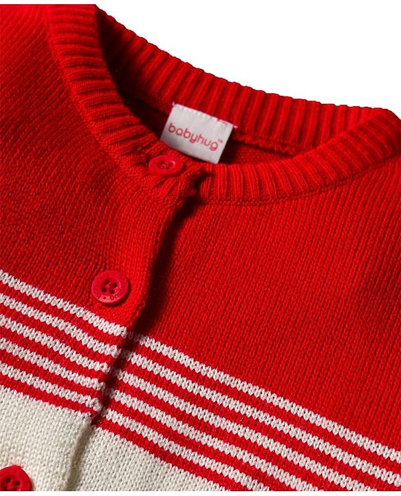 Babyhug Knit Full Sleeves Front Open Sweater Set with Stripes & Color Block Design - Red White & Royal Blue