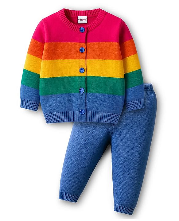 Babyhug Knit Full Sleeves Front Open Sweater Set with Stripes - Multicolor