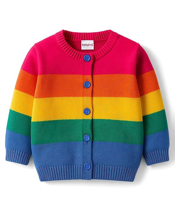 Babyhug Knit Full Sleeves Front Open Sweater Set with Stripes - Multicolor