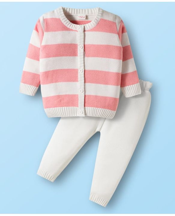 Babyhug Knit Full Sleeves Front Open Sweater Sets With Stripe Design - White & Pink
