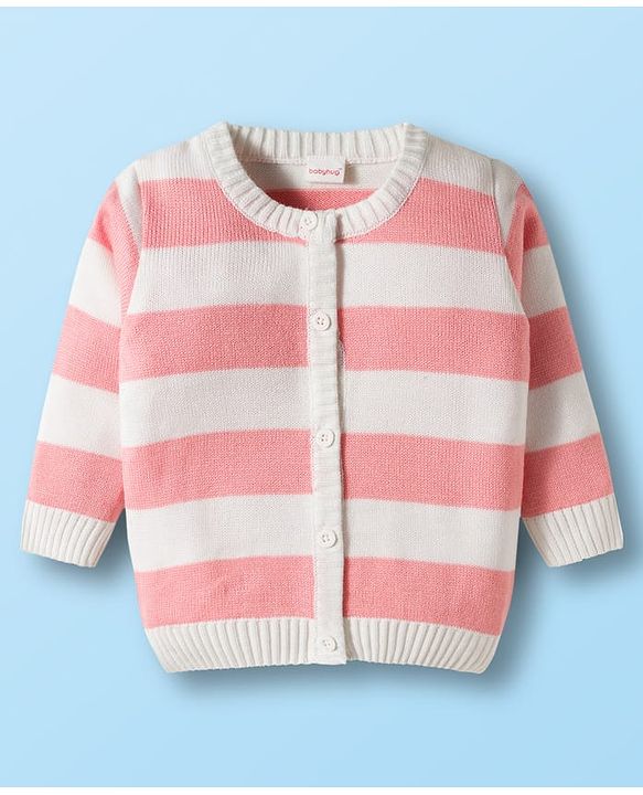 Babyhug Knit Full Sleeves Front Open Sweater Sets With Stripe Design - White & Pink