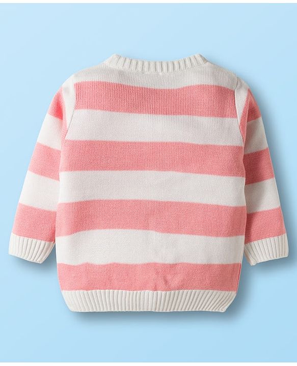 Babyhug Knit Full Sleeves Front Open Sweater Sets With Stripe Design - White & Pink