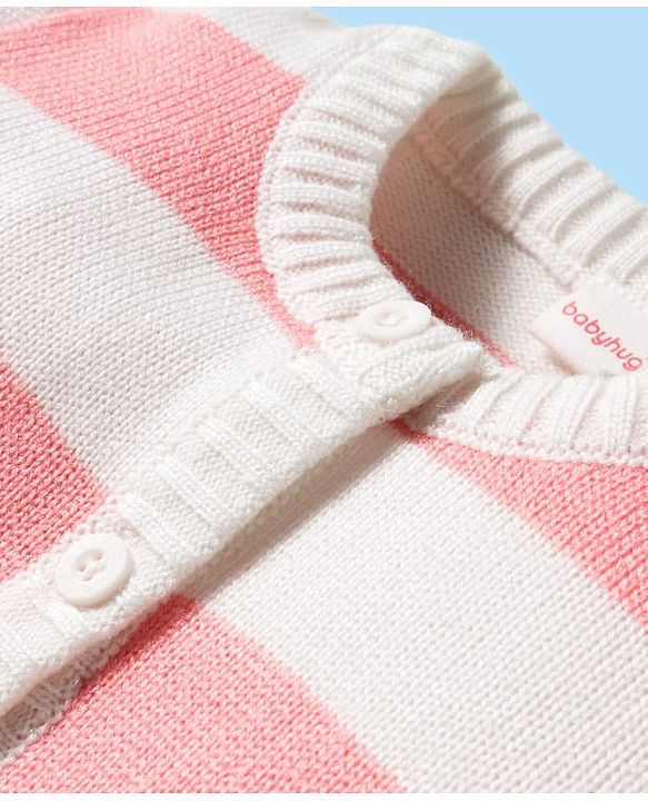 Babyhug Knit Full Sleeves Front Open Sweater Sets With Stripe Design - White & Pink