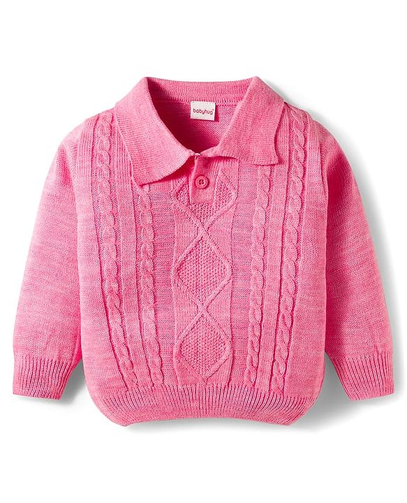 Babyhug Knit Full Sleeves Collar Neck Sweater Set With Cable Knit Design - Pink
