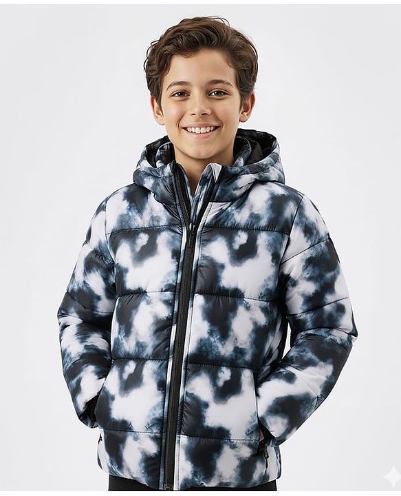 Pine Kids Woven Full Sleeves Tie & Dye Printed  Hooded Padded Jacket  - Navy Blue