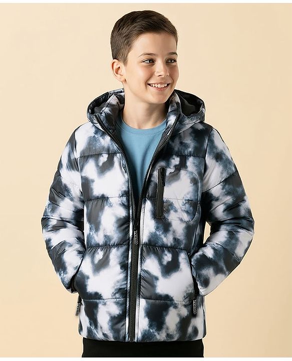 Pine Kids Woven Full Sleeves Tie & Dye Printed  Hooded Padded Jacket  - Navy Blue