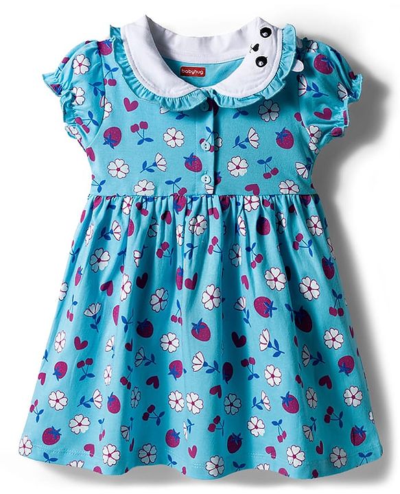 Babyhug Single Jersey Knit Half Sleeves Frock with Bloomer with Peter Pan Collar Fruits & Floral Print & Bow Applique Headband - Light Blue