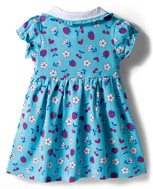 Babyhug Single Jersey Knit Half Sleeves Frock with Bloomer with Peter Pan Collar Fruits & Floral Print & Bow Applique Headband - Light Blue