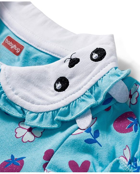 Babyhug Single Jersey Knit Half Sleeves Frock with Bloomer with Peter Pan Collar Fruits & Floral Print & Bow Applique Headband - Light Blue