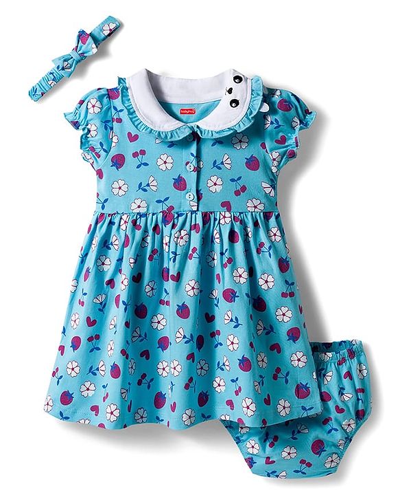 Babyhug Single Jersey Knit Half Sleeves Frock with Bloomer with Peter Pan Collar Fruits & Floral Print & Bow Applique Headband - Light Blue